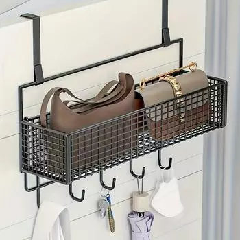1 шт. Полка для хранения над дверью, одно-/двухслойная полка для хранения на задней панели двери, многофункциональный органайзер для мелочей, с 5 крючками Single layer чёрный