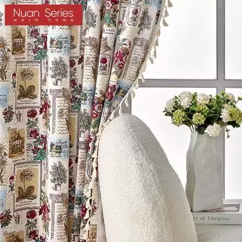 1 шт., полузатемняющие шторы из хлопка и льна серии Nuan с принтом в стиле ретро с кисточками для маленьких окон, балкона, спальни, гостиной, домашнего декора W150cm x L60cm