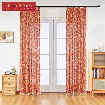 1 шт., популярные модные и универсальные японские хлопковые льняные шторы с кисточками и принтом для небольших окон, балконов, дома, серии Dceor Nuan W150cm x L60cm оранжевый