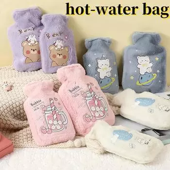 1 шт. Портативная грелка с изображением плюшевого кролика и медведя из мультфильма, наполненная водой, бархатная, маленькая, для студентов, грелка для рук, милая сумка для воды розовый