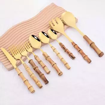 1 шт., посуда из нержавеющей стали 304, деревянная бамбуковая ручка, столовые приборы, нож, вилка для салата, чайная ложка, посуда, сервировочная вилка в западном стиле, ложка, столовые приборы 1Pc Cake Fork золотой