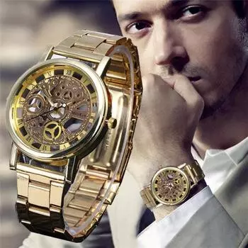 Мужские кварцевые часы из нержавеющей стали золотой