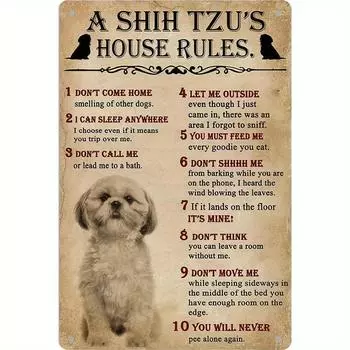 1 шт., «Правила дома ши-тцу» старинная металлическая алюминиевая табличка, винтажная декоративная табличка, подвесная табличка, стена/комната/дом/ресторан чёрный