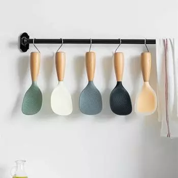 1 шт. Премиальная силиконовая ложка с натуральной деревянной ручкой - термостойкая, нескользящая, идеально подходит для рисоварок и любой кухонной посуды оранжевый