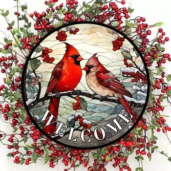 1 шт., приветственный венок с кардиналом и ягодами падуба, зимняя деревенская металлическая жестяная вывеска, декоративная настенная витражная табличка с изображением красной птицы чёрный