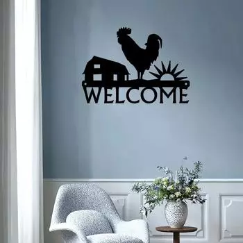 1 шт. Приветственный знак «Восход солнца на ферме» с изображением петуха — 12 дюймов в ширину, металлическое настенное искусство — очаровательный сельский декор для входов в дом чёрный