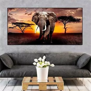 1 шт., прогулочный слон, закат, африканские луга, пейзаж, холст, живопись, постеры и принты, настенная художественная картина, домашний декор, без рамки 20cm40cm NoFrame