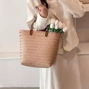 1 шт. Простая плетеная сумка-тоут ручной работы, женская сумка через плечо, соломенная декоративная пляжная повседневная сумка cane