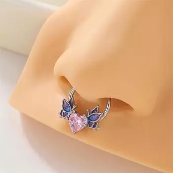 1 шт. Простое круглое кольцо для пирсинга носа из нержавеющей стали 316L с цирконием в форме сердца и бабочкой для женщин и мужчин, повседневное украшение