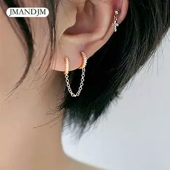 1 шт. простых женских серег-колец с двойным пирсингом и инкрустацией цирконом серебряный