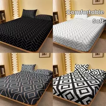 1 шт. простыня на резинке из матового полиэстера (Без наволочки), Мягкое удобное постельное белье с геометрическим узором 90*200*25cm