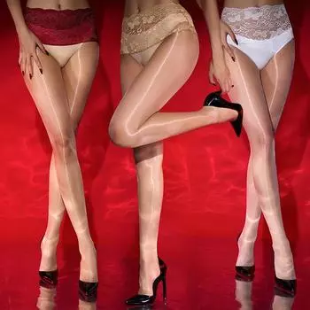 1 шт., прозрачные тонкие бесшовные женские масляные блестящие чулки-колготки со средней талией чёрный/красный