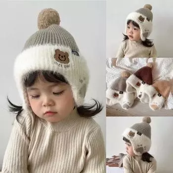 1 шт. пушистая милая теплая шапочка для малышей для мальчиков и девочек с рисунком медведя из мультфильма для маленьких детей, вязаная крючком шапка на осень и зиму серый