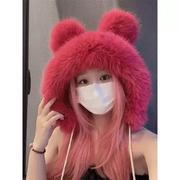 1 шт., пушистая теплая женская шапка с помпоном, имитация норковых волос, защита ушей, медвежьи уши чёрный