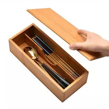 1 шт., японский бамбуковый ящик для хранения столовых приборов в виде ложки и вилки, 2-секционный разделенный ящик для палочек с крышкой, для ресторана и отеля, кухонные принадлежности Bamboo