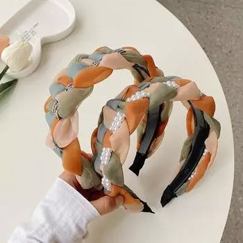 1 шт., радужная плетеная жемчужная лента с широкими полями, модные аксессуары для волос, женская трендовая повязка для волос с твист-косой, повязка для волос для девочек