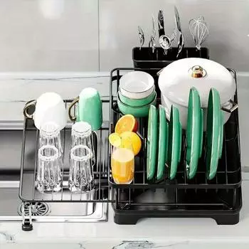 1 шт. Расширяемая сушилка для посуды, одноуровневая сушилка для посуды на столешницу с поддоном для сушки и держателем для посуды, для кухонных столешниц, кухонный органайзер чёрный