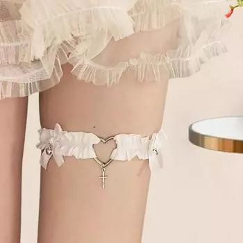 1 шт., ремешок для ног с сердечком и крестом, декор в виде банта, нескользящая эластичная лента, готический кружевной пояс для чулок, подвязка для ног в стиле Лолиты для косплея чёрный