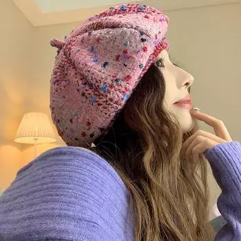 1 шт. ретро элегантный милый берет зимний теплый большой розовый берет модный цветной горошек кепка художника милый головной убор