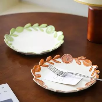 1 шт. Ретро керамическая тарелка креативная тарелка для завтрака с цветочным листом винтажная тарелка для пасты стейк плоская тарелка столовые приборы 8 inches коричневый