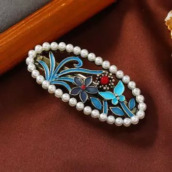 1 шт. Ретро Национальный стиль Имитация Обожженный синий цветок Зажим-автомат Летний Ханфу Диск для волос Верхний зажим для волос Жемчужная кисточка Аксессуары для волос Зажим