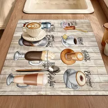1 шт. резиновый коврик для сушки с винтажным принтом из дерева и кофе для кофейни, кухонный ковер, столовая посуда, прочный коврик для стола из диатомовой грязи, коврик для домашних животных, кофейная посуда 30*40 CM