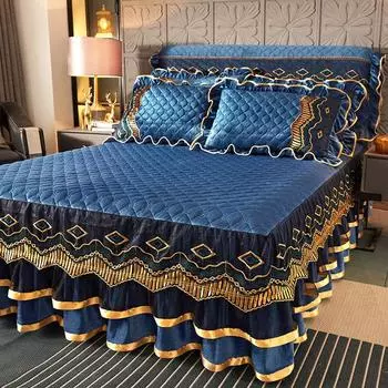 1 шт. Роскошный европейский стеганый комплект юбки для кровати из кристального бархата с кружевной отделкой - Теплый, толстый, 1 юбка для кровати 150*200CM