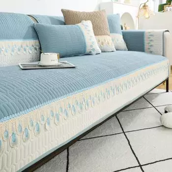 1 шт. Роскошный стеганый чехол для дивана с вышивкой в виде перьев - защищает и улучшает диван, элегантный домашний декор, полотенце для дивана для гостиной 70*70cm небесно-голубой