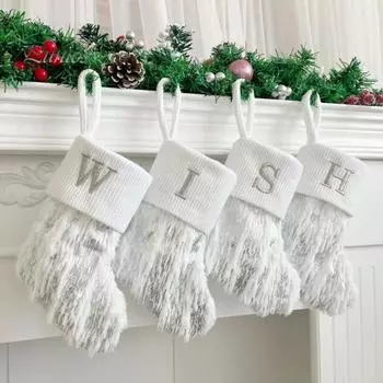 1 шт., рождественский белый чулок с вышивкой букв, вязаный ручной работы, многоразовый Рождественская елка, подвесной подарочный пакет, чулок, кулон, вечерние, праздничное украшение