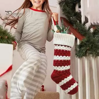 1 шт., рождественский чулок, вязаный красный, зеленый, белый, в полоску, большой емкости, многоразовый, подвесной подарочный мешок для рождественской елки, носок, кулон, принадлежности для украшения вечеринки красный
