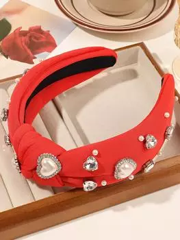 1 шт. Розовая широкая повязка на голову с узлом для женщин, Повязка для волос с сердечком и кристальной жемчужиной, Подарки - аксессуары для волос на День святого Валентина
