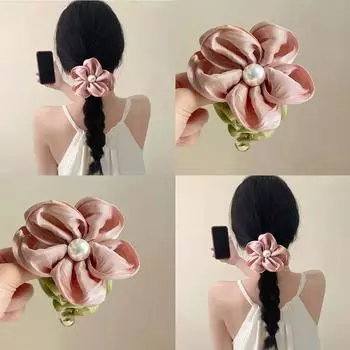 1 шт., розовая жемчужная цветочная веревка для волос во французском стиле, ретро, нежное большое цветочное кольцо для волос, художественный блеск, розовые аксессуары для волос