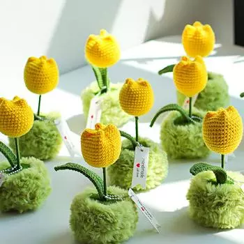 1 шт., ручная работа, домашний декор для автомобиля, искусственный бонсай, вязанный вручную тюльпан, декор для рабочего стола в горшке