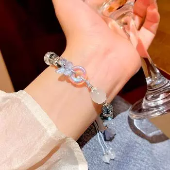 1 шт. ручное плетение ретро аксессуары китайский стиль лотос кисточка браслет усовершенствованное ощущение регулируемые ювелирные изделия бабочка бусина кулон синий