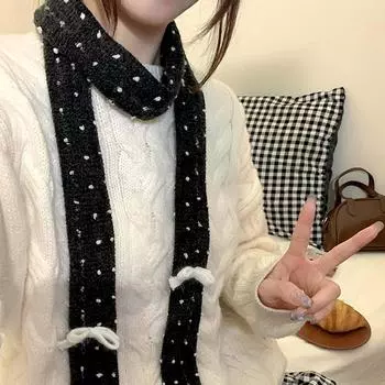 1 шт. с бантом милый шейный платок вязаный шарф уличный ветрозащитный двухсторонний теплый мягкий дышащий зимний новый однотонный длинный тонкий чёрный