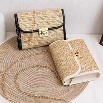 1 шт. с цепочным ремешком, мягкая соломенная плетеная женская пляжная сумка через плечо, сумка-тоут белый