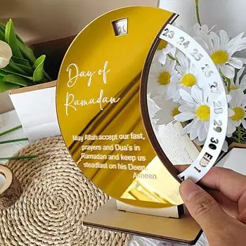 1 шт. с деревянной основой 2025 г. Подарки к празднику Аль-Адха, домашний декор стола, мусульманский таймер, вращающийся акриловый календарь обратного отсчета Eid золотой/серебряный