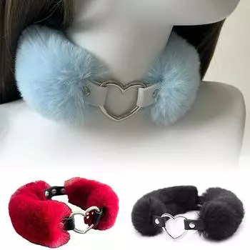 1 шт. с пряжкой зимняя Лолита Панк Y2K Харадзюку плюшевая любовь сердце чокер ожерелье плюшевый воротник на шею чёрный