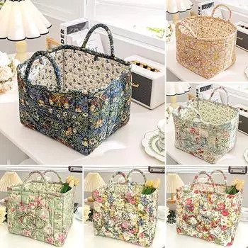 1 шт. с ручками для переноски, переносная складная штабелируемая тканевая корзина для хранения в пасторальном стиле, моющийся органайзер для хранения всякой всячины