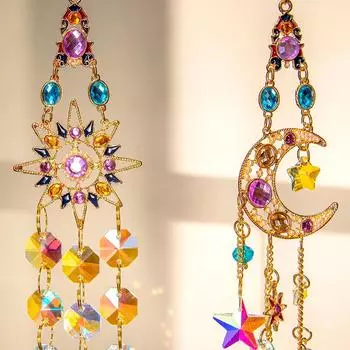 1 шт., садовая музыка ветра, космическая эстетика, солнце, луна, украшение для фермерского дома, хрустальный орнамент, радуга, ловец солнца, украшение для автомобиля