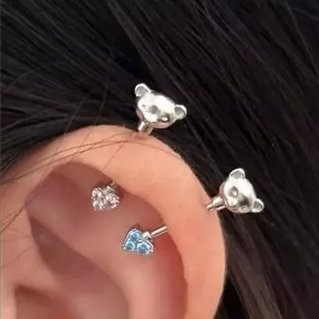 1 шт. Серьги-гвоздики в форме мультяшного медведя и сердца, блестящие кубические циркониевые серьги для хряща уха для клубных вечеринок, кольцо для носа без адреналина синий