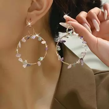 1 шт., серьги-кольца в стиле бохо с цветным натуральным камнем, ручной работы, с проволочной обмоткой, для женщин, в винтажном стиле, для повседневной носки и свиданий, всесезонный модный аксессуар one size