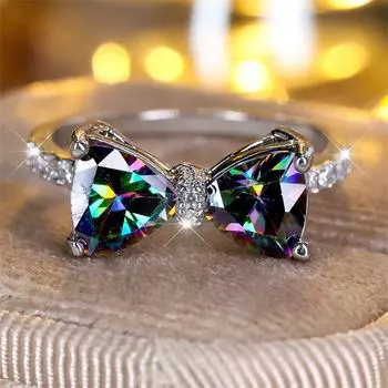 1 шт. серебристого цвета, треугольной огранки, Радужный камень, кольца с когтями CZ, кольцо с бантом, обручальное кольцо, ювелирные изделия, подарки на день Святого Валентина 6 разноцветный