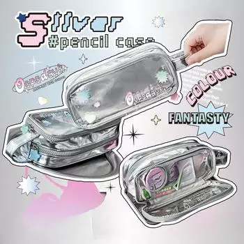 1 шт., серебристый цвет, пенал в стиле ретро, в американском стиле, модная сумка-карандаш, большая вместительная сумка для хранения канцелярских принадлежностей, студенческие принадлежности синий