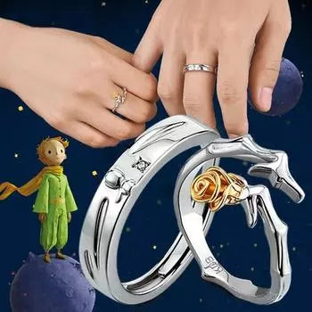 1 шт. серебряного цвета, кольца для пары «Маленький принц/Цветок розы», унисекс, романтическое открытое регулируемое кольцо для влюбленных, ювелирные изделия, подарок на день Святого Валентина resizable
