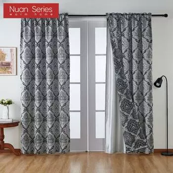 1 шт. серия Nuan, 60-70% светонепроницаемые жаккардовые серые затемняющие и прозрачные двухслойные шторы в стиле ретро для декора окон гостиной и спальни W132cm x L200cm серый