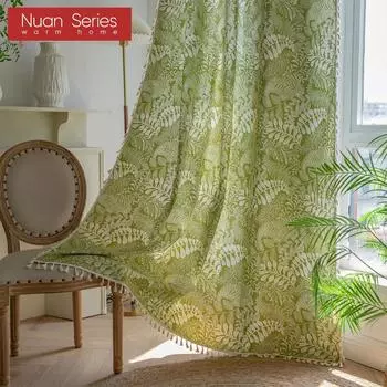 1 шт. серия Nuan, богемные ретро деревенские зеленые растительные узоры, полузатеняющие шторы для маленьких окон, балкона, домашний декор W150cm x L60cm зелёный