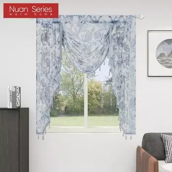 1 шт., серия Nuan, ретро, высококачественная кружевная окантовка из бисера, прозрачная занавеска с принтом для кухни, спальни, гостиной, украшения окна W104cm x L125cm синий