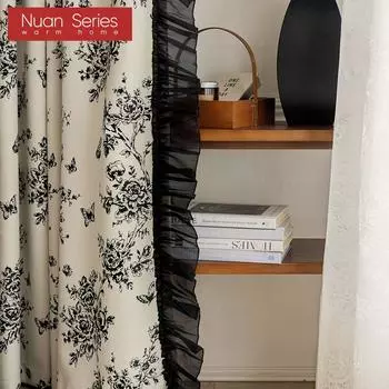 1 шт. серия Nuan, степень затемнения 70-80%, европейская ретро-печатная штора с оборками и затемненными краями для спальни, гостиной, домашнего декора W100cm x L130cm чёрный