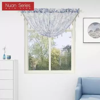 1 шт. серия Nuan, свежий и универсальный пасторальный стиль, белый фон, набивной дизайн, декоративная занавеска для окна, тюлевая занавеска W145cm x L90cm синий